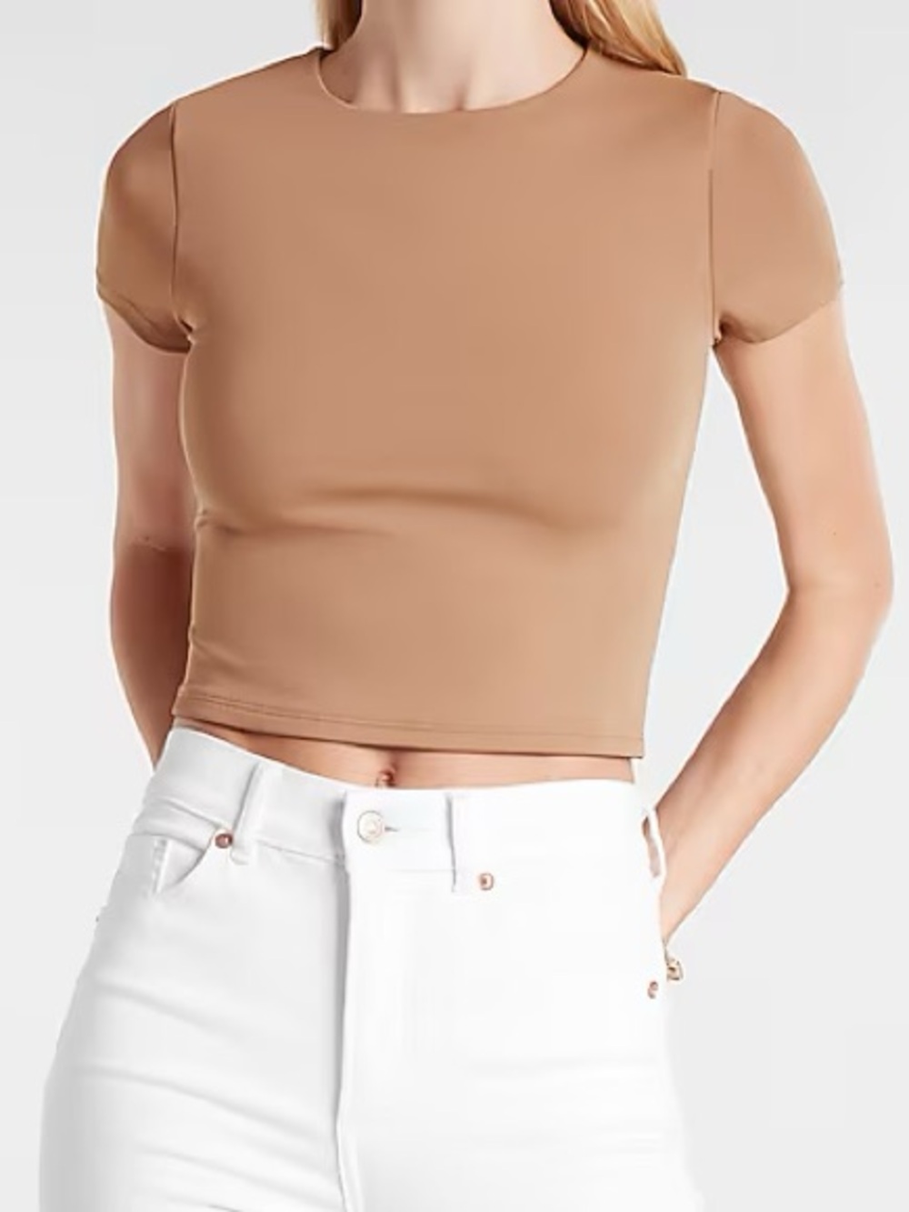 Express Women’s Short Sleeve Body Contour Scoop Neck Top - Camel/Tan